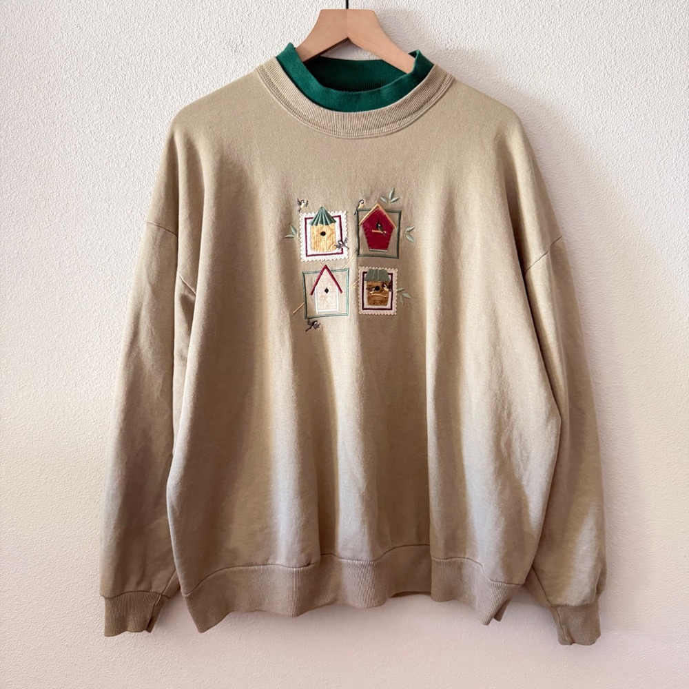 DAY BREEZE Womens Sweatshirt Birdhouse Embroidered Cottagecore Grandma Core XL